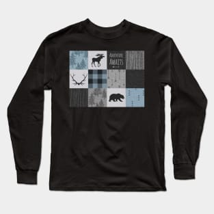 Adventure Awaits Patchwork - Blue, Grey and Black Long Sleeve T-Shirt